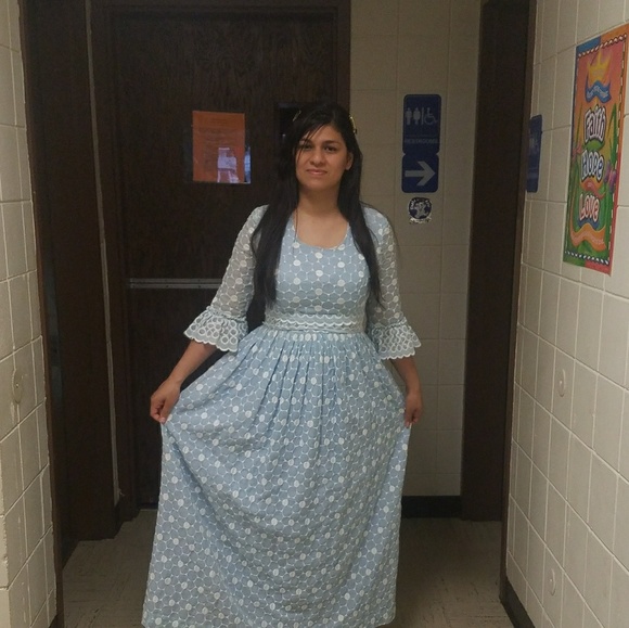 Vintage late 60s, Early 70s Baby Blue Embroidered Eyelet Circle Maxi Dress - Picture 6 of 16